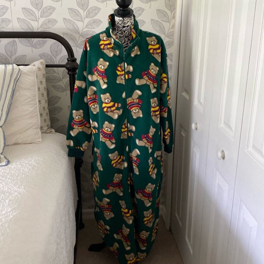 Vintage Go Softly zip front fleece robe with teddy bear print